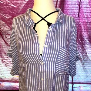 a.n.a striped blue and white button down shirt